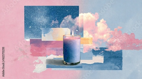 A collage art of a scented candle with starry clouds