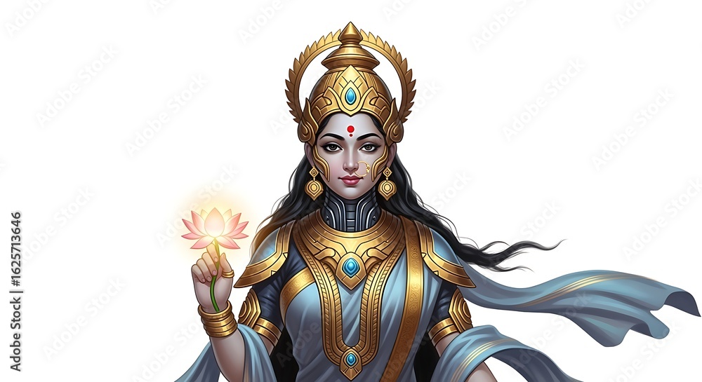 Fototapeta premium Digital Painting of Goddess Holding Lotus Flower with Golden Jewelry