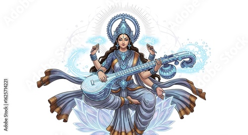 Goddess Saraswati Playing Veena Divine Hindu Art Illustration