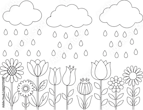 Black and white outline of clouds raining on a garden of flowers nature