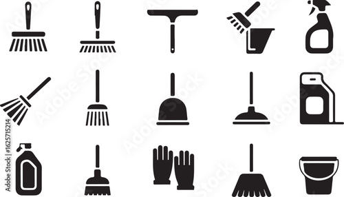Collection of black cleaning tool icons including brooms mops plungers spray bottle and bucket tools
