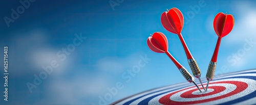 Red darts hitting a target against a clear blue sky