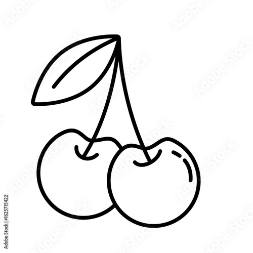 Simple black and white line art drawing of cherries in clean, minimal style on white background