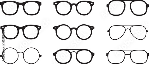 Nine black silhouette eyeglasses styles on white background eyewear spectacles