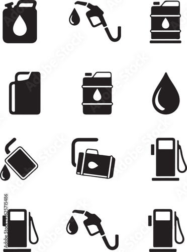 Set of black gasoline fuel icons including canisters barrels and pumps petrol