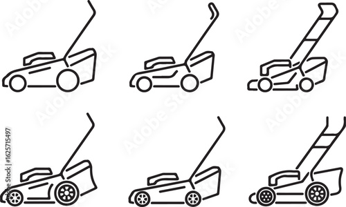 Six black line art icons of lawnmowers on white background grass cutter gardening