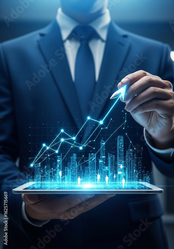 Businessman analyzing digital financial growth chart on tablet