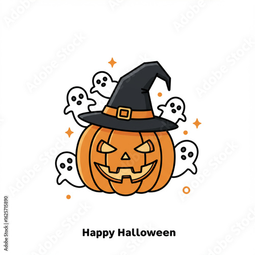 A cheerful jack-o'-lantern wearing a witch's hat, surrounded by playful, floating ghosts, celebrating the spirit of Halloween.