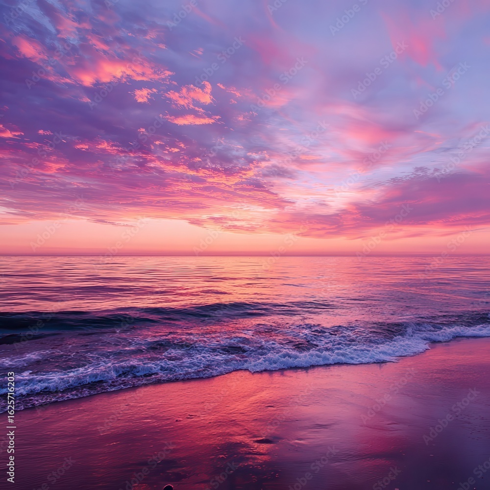 Fototapeta premium Pink And Purple Sunrise Over Calm Ocean.