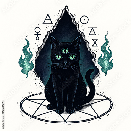 Three-Eyed Mystic Black Cat with Alchemical Symbols and Spectral Fire in Occult Vector Style