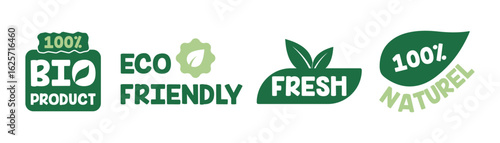 Set of eco-friendly bio product labels and green badges with text like "100% Natural", "Fresh", "Eco Friendly" for organic, sustainable product packaging.