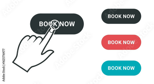 Hand pressing a book now button with multiple color options silhouette