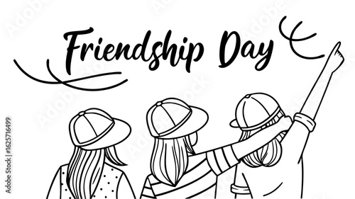 Friendship Day Celebration with Three Friends Sporting Hats, Celebrating Togetherness and the Bonds of Friendship in a Line Art Illustration
