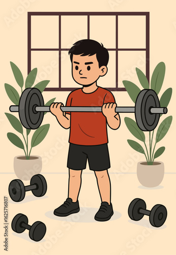 Young Boy Lifting Barbell in Home Gym Cartoon Weight Training Fitness