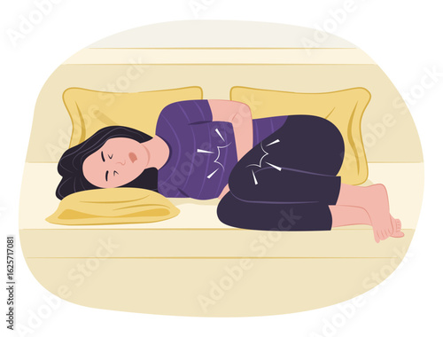 Woman Lying in Bed and Suffering from Stomachache for Menstrual Pain Concept Illustration