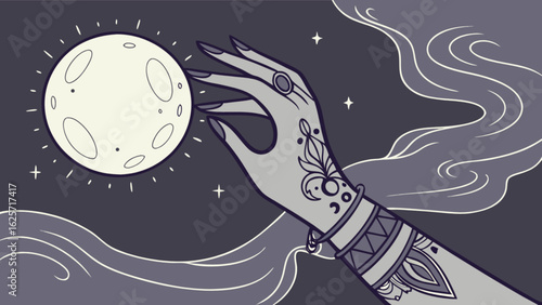 Hand reaching for moon illustration, mystical night sky drawing, magic astrology themed graphic design art