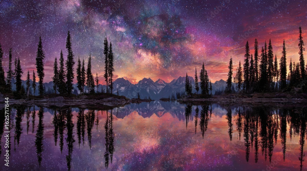 Fototapeta premium Majestic Night Sky Over Serene Lake and Silhouette of Pine Trees