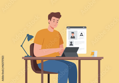 Illustration Vector of a Man Working on Tablet at Desk in Modern Office Setting