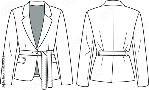 Fashion flat sketch of belted blazer jacket with long tied belt, notch collar, flap pockets, tailored fit, vector