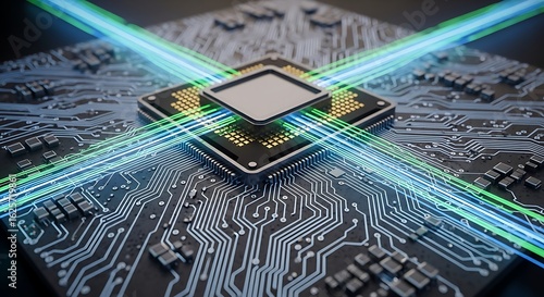 Futuristic CPU core processing data with glowing blue and green light beams.