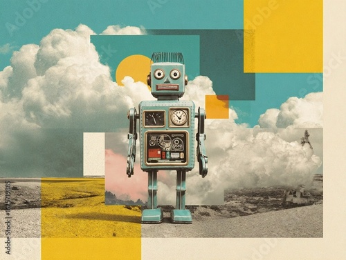 A collage art of a vintage robot with comic skies