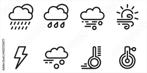 Collection of eight black and white weather icons forecast vector