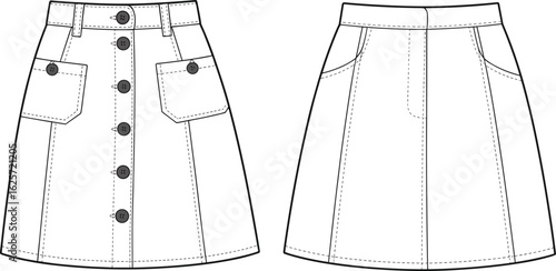 Front button skirt with flap pockets, A-line silhouette, fashion CAD template, vector flat sketch, technical drawing