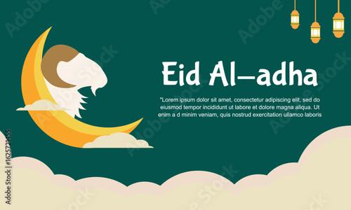 Eid al Adha greeting card with flat Greeting card with sacrificial sheep, Eid Mubarak theme suitable for social media post template, banner
