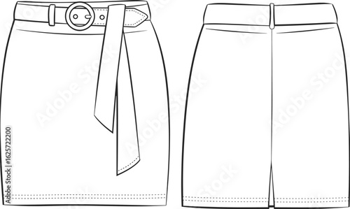 Pencil skirt with belt detail, front tie, back slit, vector fashion sketch, CAD flat drawing, technical template