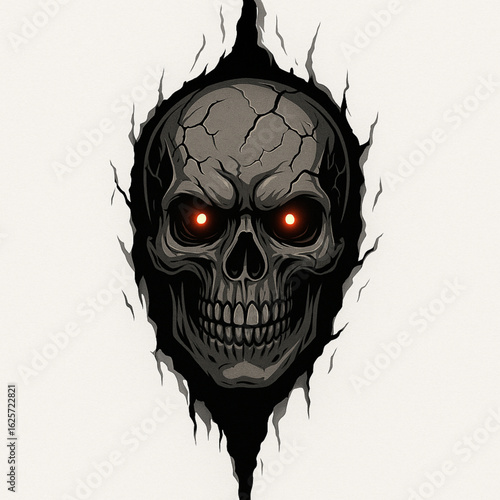 Skull with Glowing Eyes and Cracked Cranium Emerging from Torn Background in Dark Vector Style