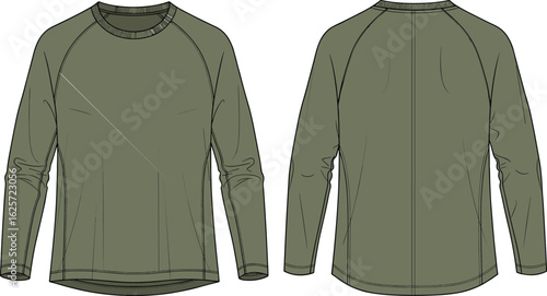 Long sleeve t-shirt fashion flat, front and back technical sketch, crew neck activewear top, cad vector, garment drawing illustration