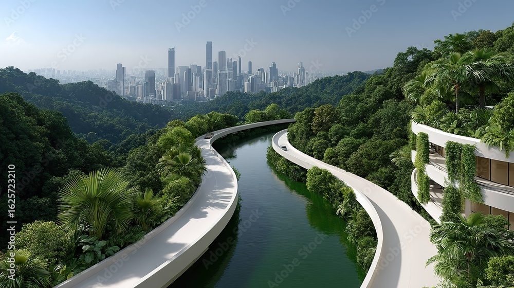 Fototapeta premium Urban green canal pathway view