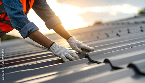 Skilled roofer in a safety vest and gloves working on the installation of a new corrugated metal roof on a residential house at sunset.