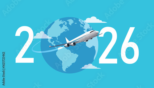 Aircraft around the world in 2026 year sign, symbol. vector, illustration
