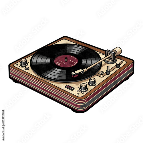 Retro record player illustration, showing a vintage turntable with a vinyl record.
