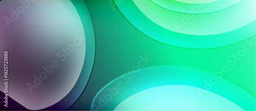 Abstract background features overlapping circles. Colors shift from purple, through green, to turquoise. Smooth gradients create soft visual effect.