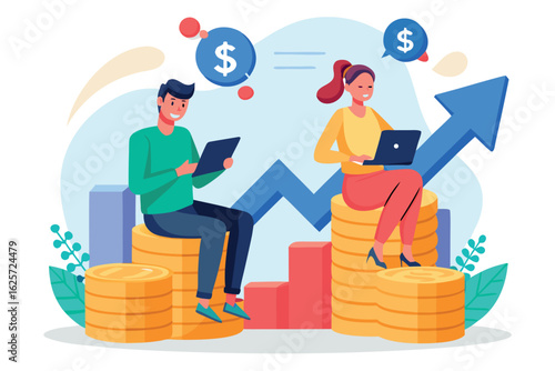 People sitting on coins with laptops, symbolizing investment growth isolated on white background