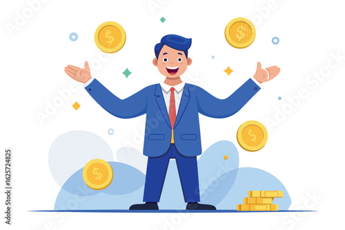 Businessman juggling coins, representing financial success and wealth management isolated on white background