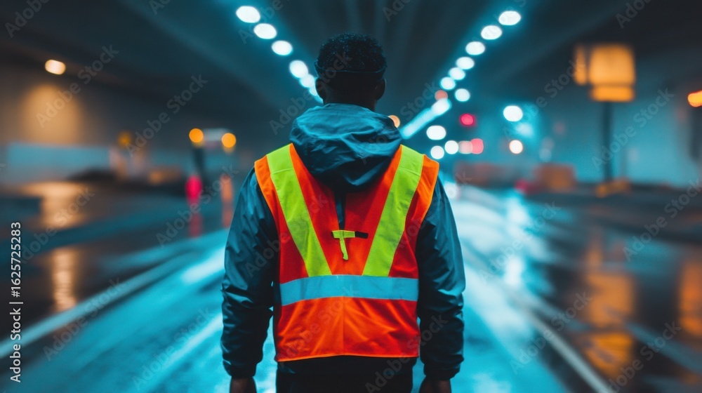 Fototapeta premium Traffic Worker Directing in Bright Tunnel Area