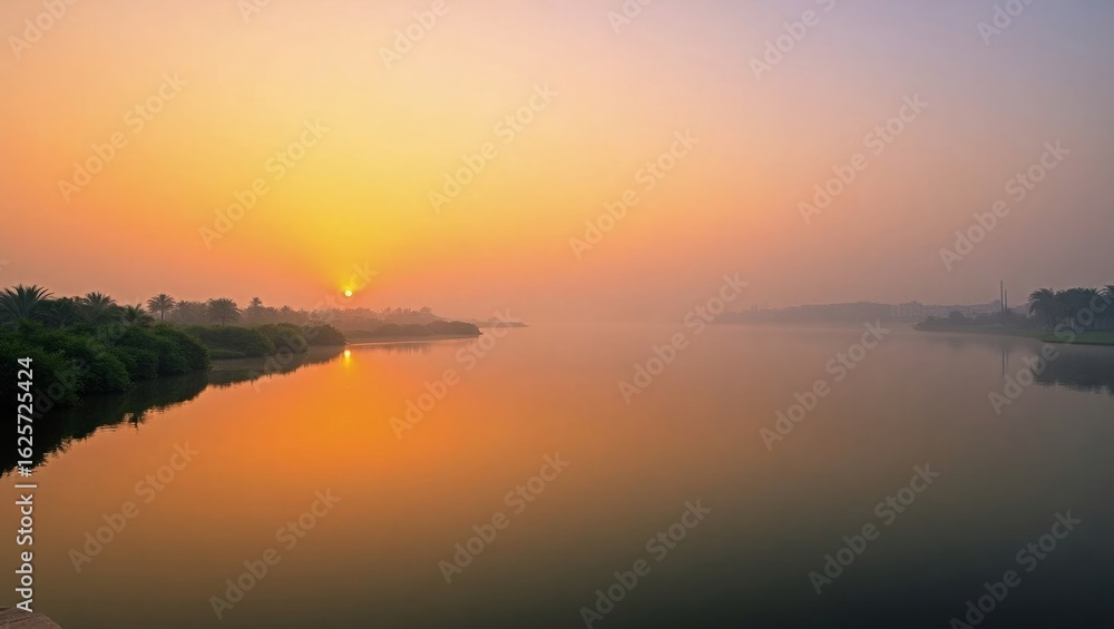 Fototapeta premium Sunrise Over River with Golden Reflection – Tranquil Morning Nature Scene