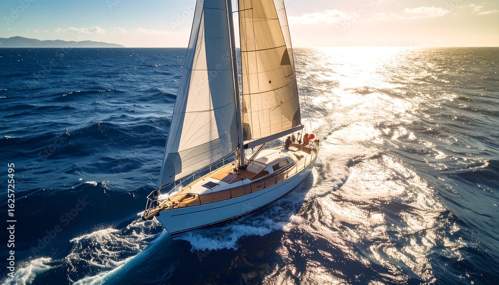 Fototapeta premium A beautiful sailboat glides through the shimmering ocean waves at golden hour, creating a serene and adventurous scene. Perfect for themes of travel, freedom, and luxury.