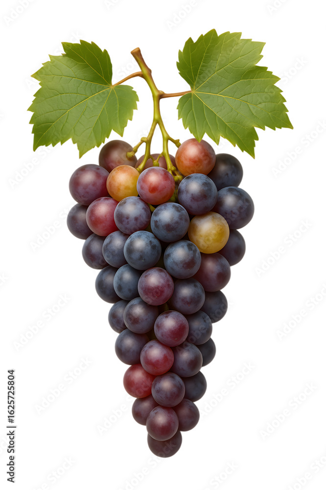 Fototapeta premium A bunch of red and blue grapes with green leaves on a black background