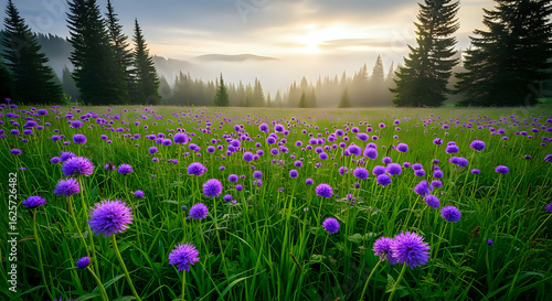 Vibrant field of purple flowers blooming under a misty sunrise with evergreen trees, peaceful nature scene