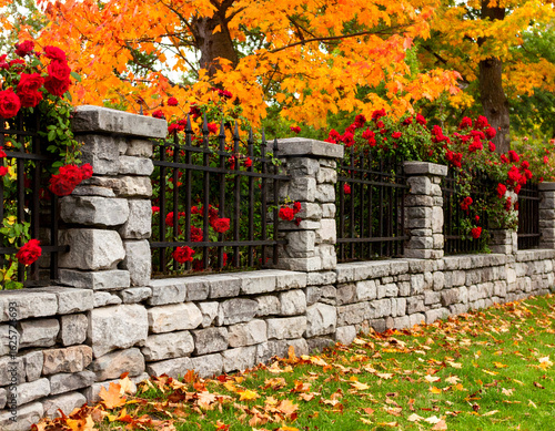 Fototapeta Naklejka Na Ścianę i Meble -  Autumnal stone fence with roses