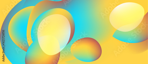 Abstract colorful shapes overlap, creating vibrant gradients. Yellow background enhances visual impact, smooth transitions present.