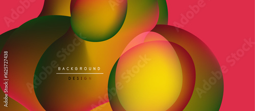 Abstract colorful shapes overlap, creating vibrant gradients. Red background complements yellow, green hues. Modern design element.