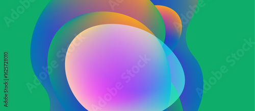 Abstract colorful shapes overlap, creating vibrant gradients. Green background provides contrast. Smooth transitions define forms.