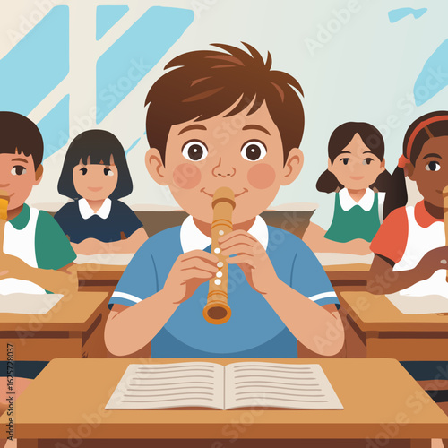 Smiling boy playing recorder in a classroom with other students.