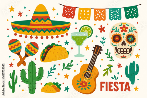 Colorful Mexican Fiesta Flat Vector with Sombrero, Sugar Skull, Taco, and Festive Elements