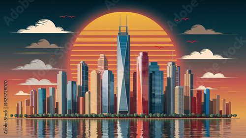 A stylized, colorful cityscape silhouette with various modern buildings reflecting in water under a warm, setting sun and a few scattered clouds and birds